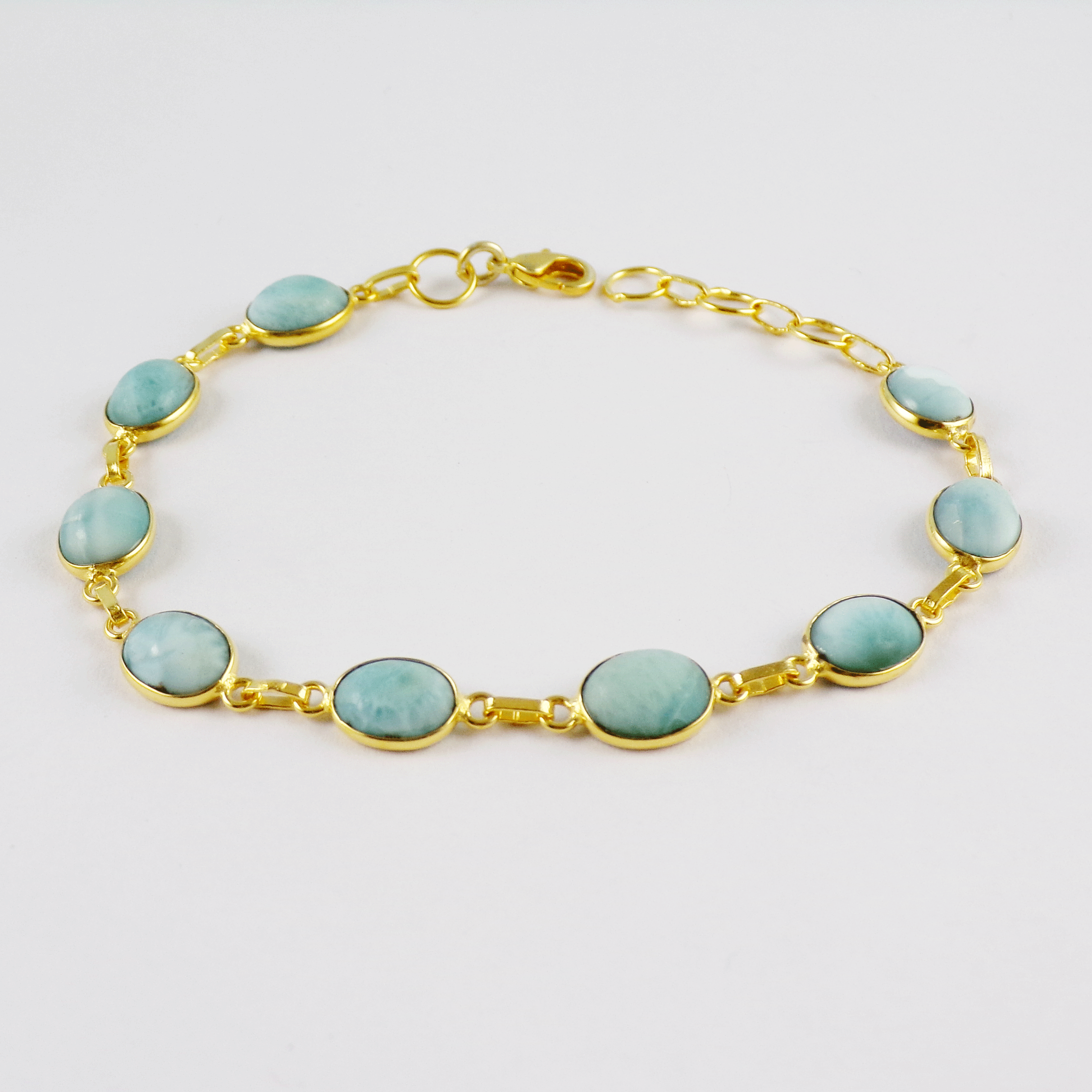 Natural Larimar Brass Bracelet D - BZB998 18K Gold Plated Cab Oval Shape 6x8mm Bezel Setting Brass Bracelet